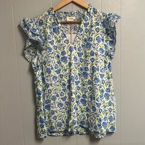NWT Umgee Floral Blue and Green Women's Top Blouse Large New with Tags